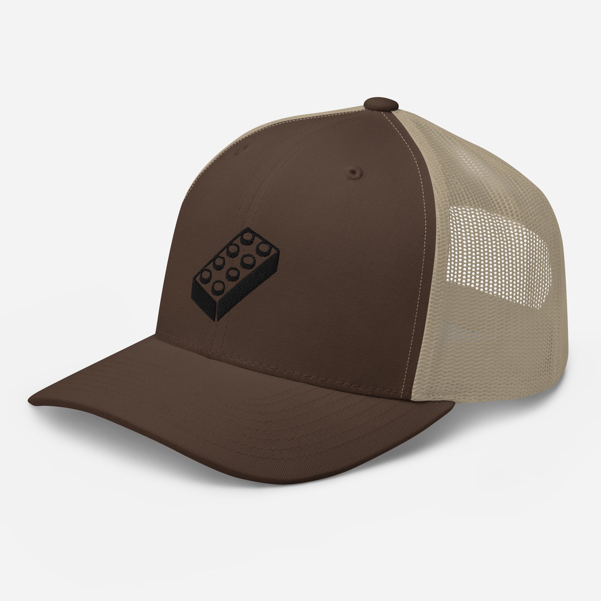 a brown trucker cap with a lego embroidered brick design